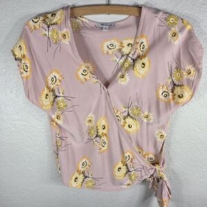 Madewell Top XS Floral Sash-Tie Wrap Top Boho Light Pink Cap Sleeves V-Neck